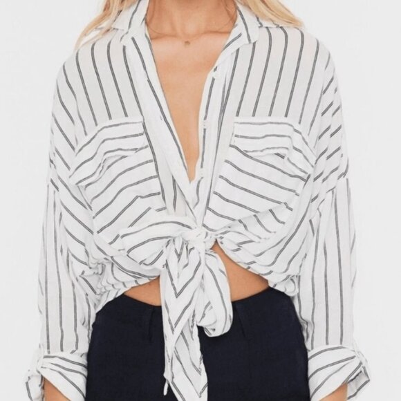 Faithfull the Brand Brigitte Knot Top - Navy and White Striped Button Down Shirt - Picture 1 of 6